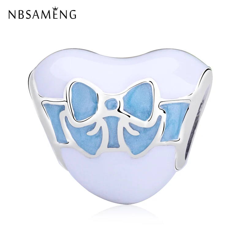 

925 Sterling Silver Beads Heart With Bow Silver Charm Blue Enamel Bead Charms Fit Bracelet & Bangle Women DIY Jewelry