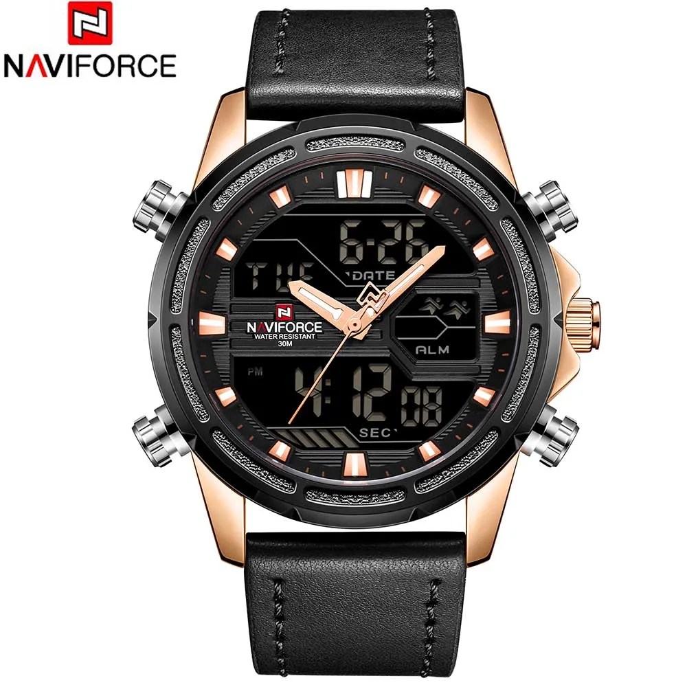 NAVIFORCE Мужские кварцевые цифровые часы роскошные кожаные модные спортивные