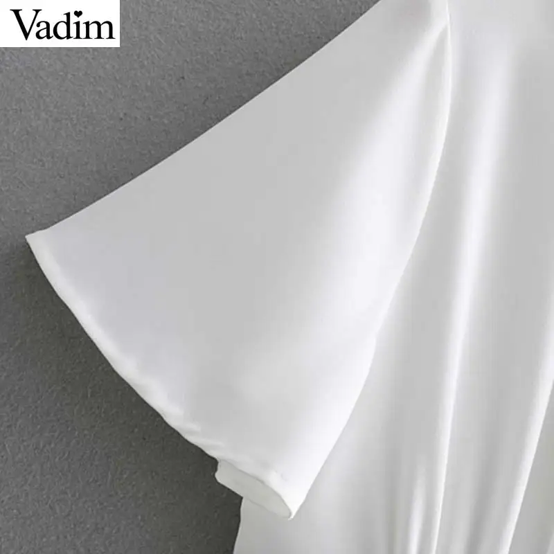 Vadim Women short sleeve white midi dress elastic waist turn down collar split mid calf dresses irregular casual vestidos QB371 | Женская