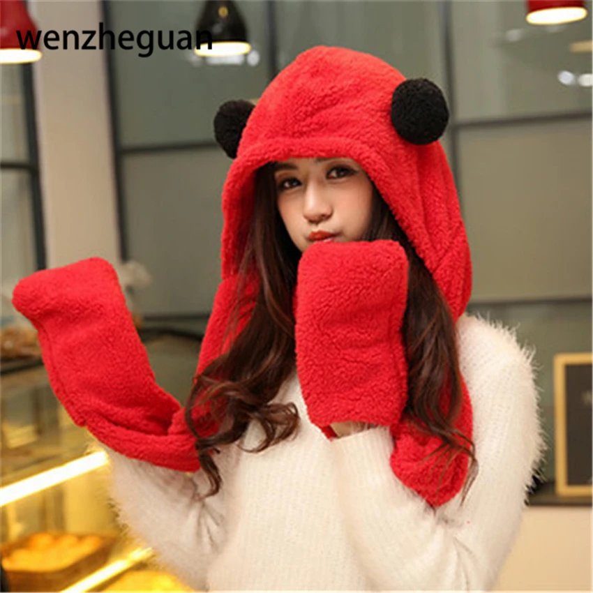 

Womens panda hat fur hood scarf Mens Hat Ear Flaps Hand Pockets Hat Panda Plush Winter Warm Cap with Long Scarf Mittens Gloves