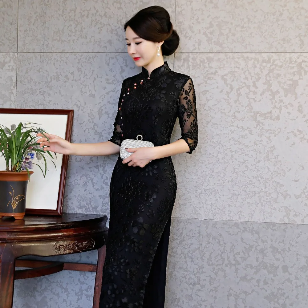 Черное кружевное китайское свадебное платье для женщин Cheongsam тонкое китайское традиционное платье женское длинное платье Ципао для свадебной вечеринки