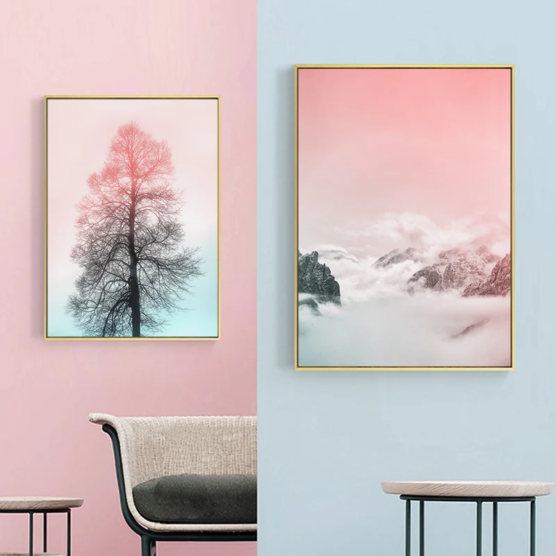 Настенная картина с изображением розового пейзажа и деревьев|Рисование