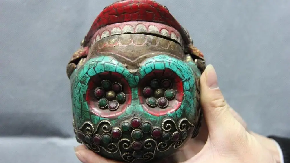 10 Tibet Buddhism Copper Bronze Gilt inlay turquoise Ruby beryl kapala skull cup | Дом и сад