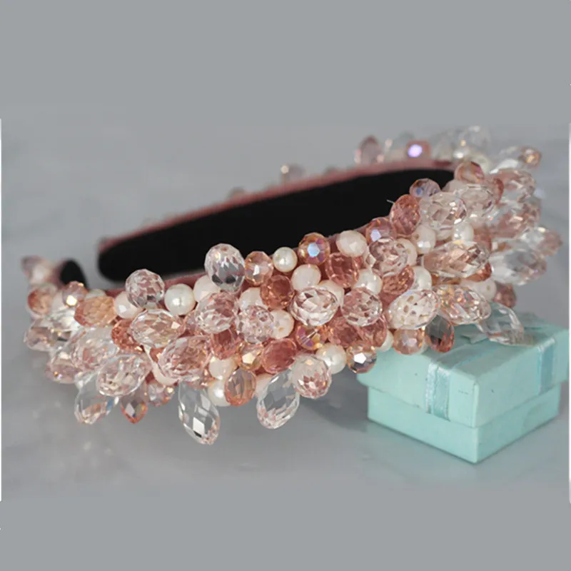 pink Корона и диадемы в стиле барокко с розовыми кристаллами и бусинами, широкие повязки для волос, свадебные украшения для волос, вечерние аксессуары для волос - Окраска металла: pink