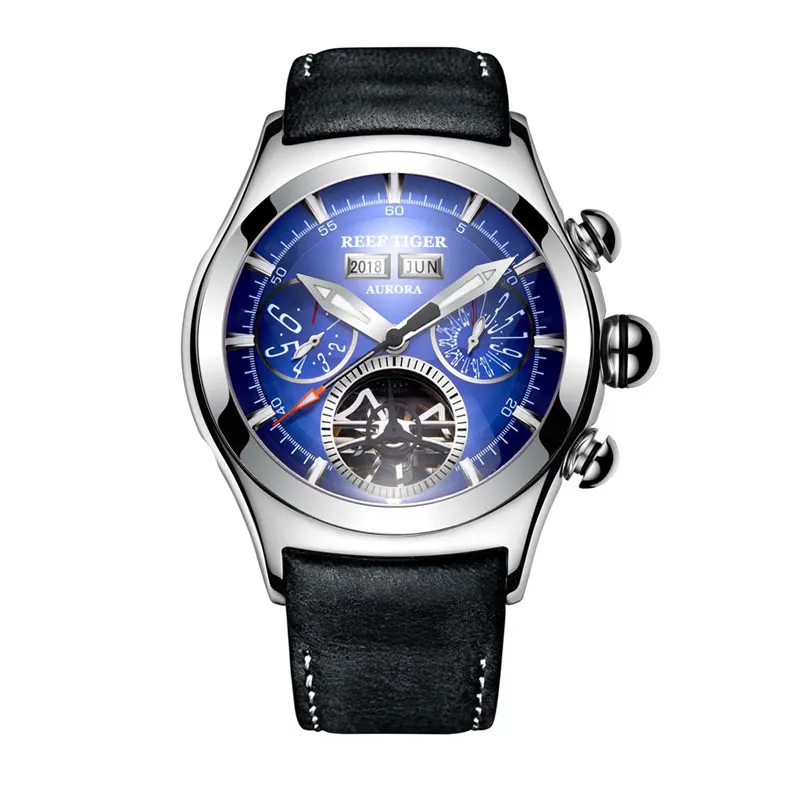 Риф Тигр/RT Роскошные мужские часы розовое золото автоматические часы Tourbillon коричневый кожаный ремешок синий циферблат часы RGA7503 - Цвет: RGA7035-YLB