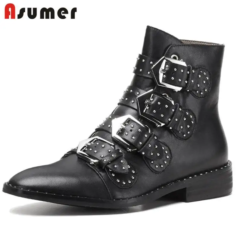 

ASUMER HOT SALE 2022 fashion buckle rivet genuine leather boots pointed toe ankle boots for women square low heels female boots