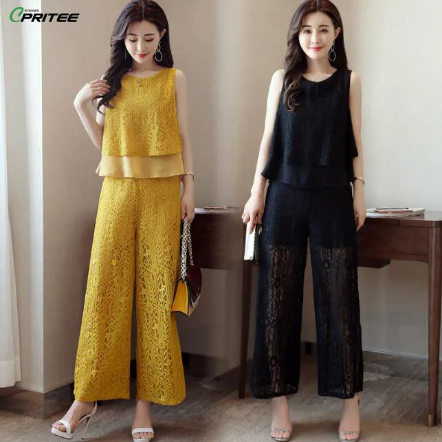 Кружевной комплект без рукавов из двух предметов топ и штаны Pantalones Mujer Cintura Alta