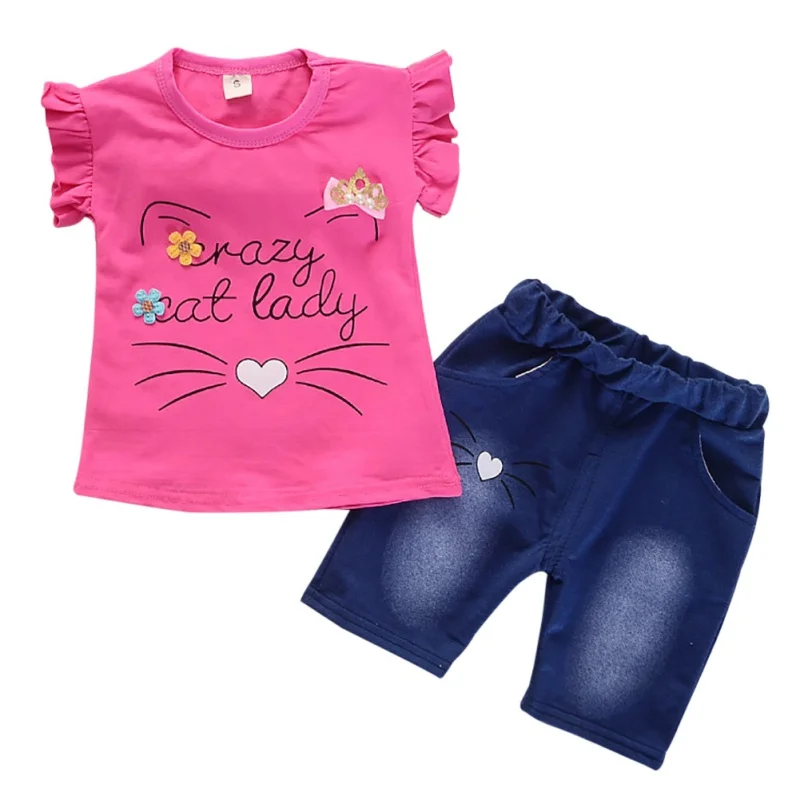 Летняя одежда для маленьких девочек футболка с коротким рукавом и принтом