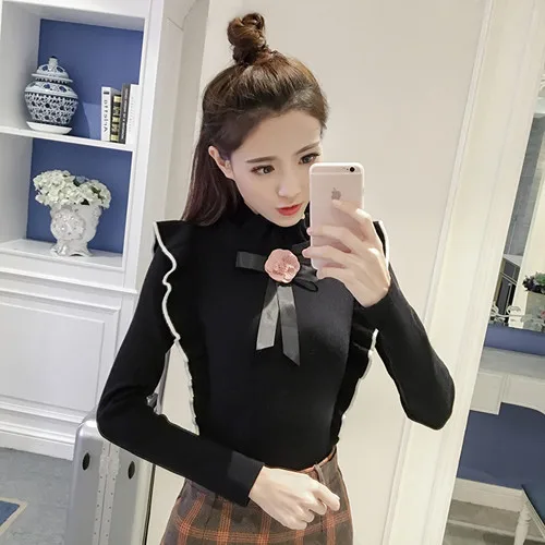 Zarachiel Harajuku сладкий Воланы лук Аппликации для женщин Зимний свитер с длинным рукавом Вязание пуловеры Pull Femme джемпер топы для девочек - Цвет: Черный