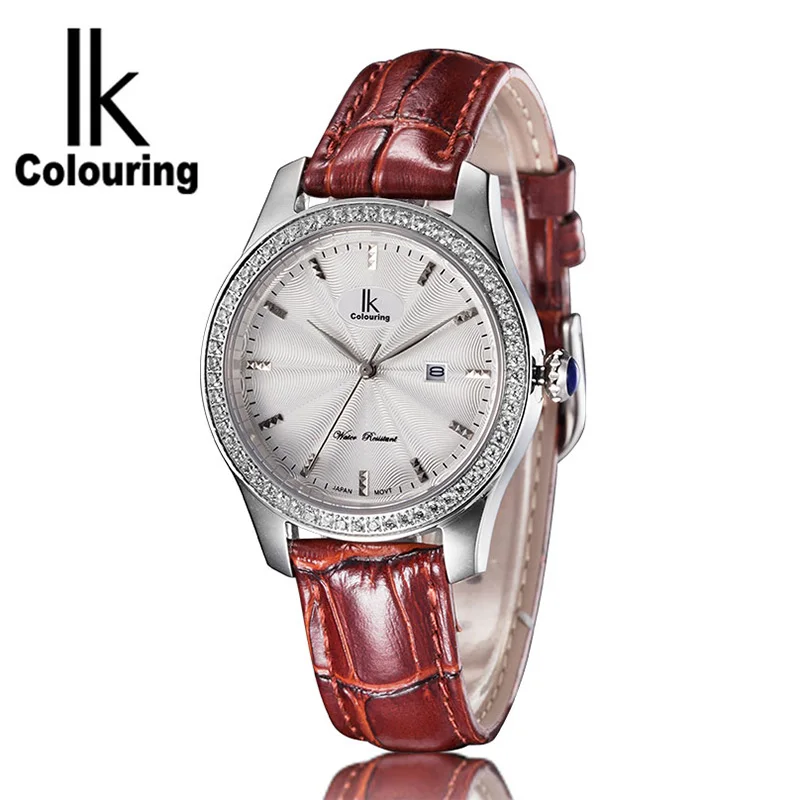 White Brown IK coloring модные женские часы люксовый бренд кожаный ремешок дамское платье кварцевые наручные часы с подарочной коробкой relojes mujer - Цвет: White Brown