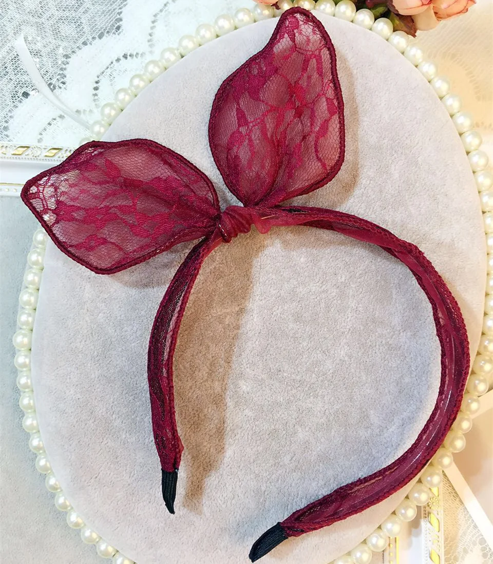 burgundy Корейские цветные милые большие кружевные кроличьи ушки, аксессуары для волос, милый простой головной убор, проволока, бутон, шелковое оголовье из пряжи, повязки для волос - Цвет: burgundy