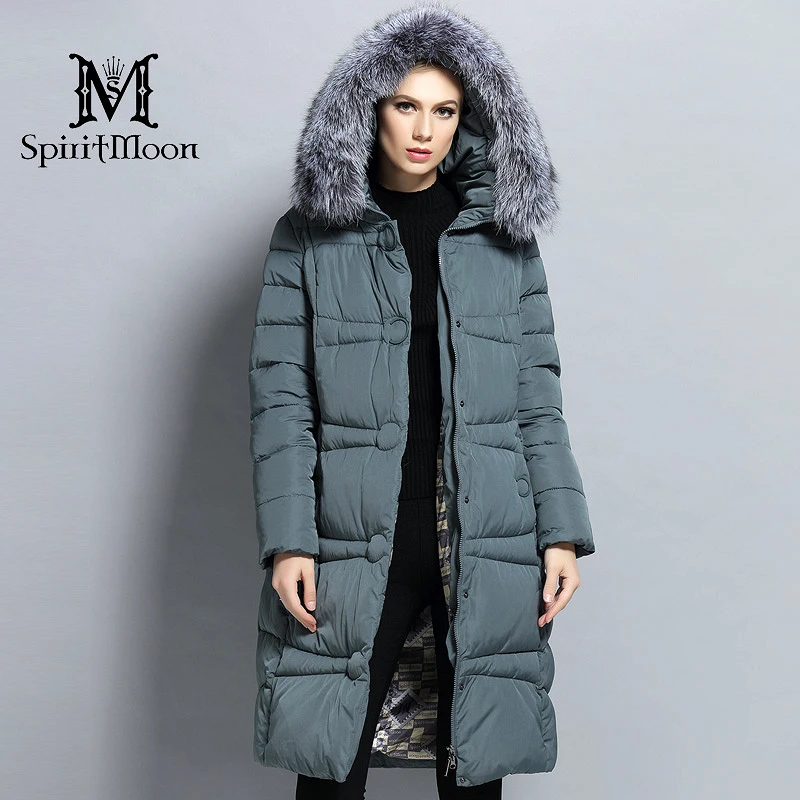 SpiritMoon 2017 Пуховик Зимний Женский С Натуральным Меховым Воротником чернобурой