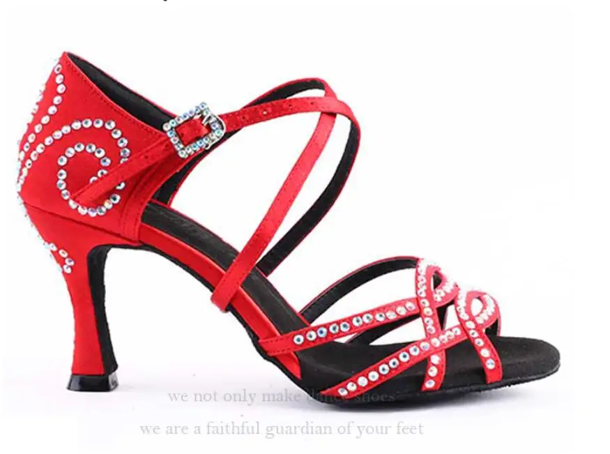 Red heel 7.5cm Современные танцевальные туфли; бальные туфли; туфли для латиноамериканских танцев; женские танцевальные туфли для сальсы; женские черные туфли со стразами; танцующий цветок; каблуки; JuseDanc - Цвет: Red heel 7.5cm