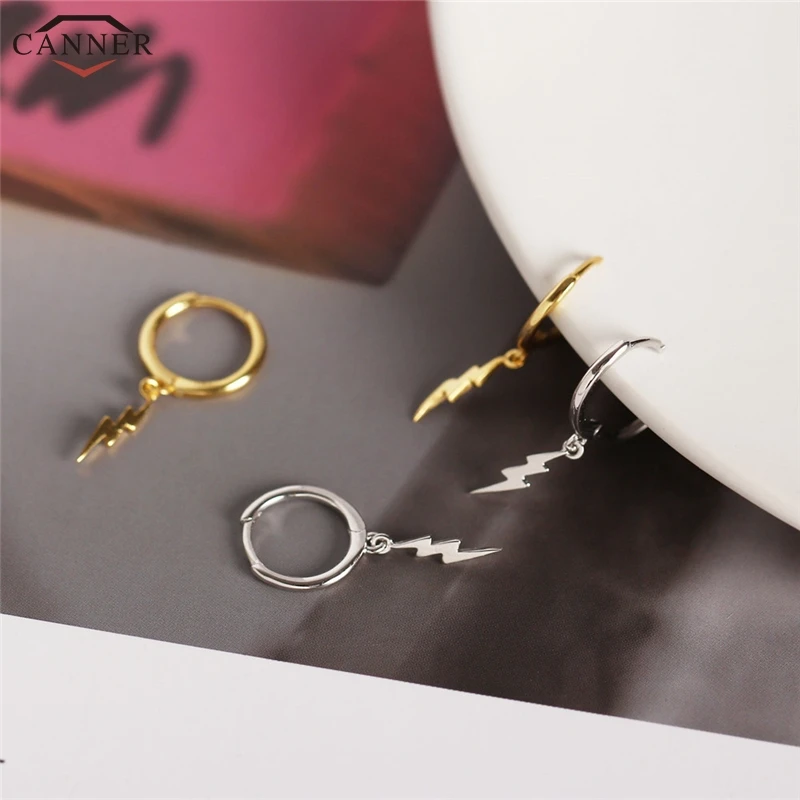 CANNER Gold Small Hoop Earrings 925 Sterling Silver Circle for Women Girls Punk Lightning Earring Jewelry Gifts H50 | Украшения и