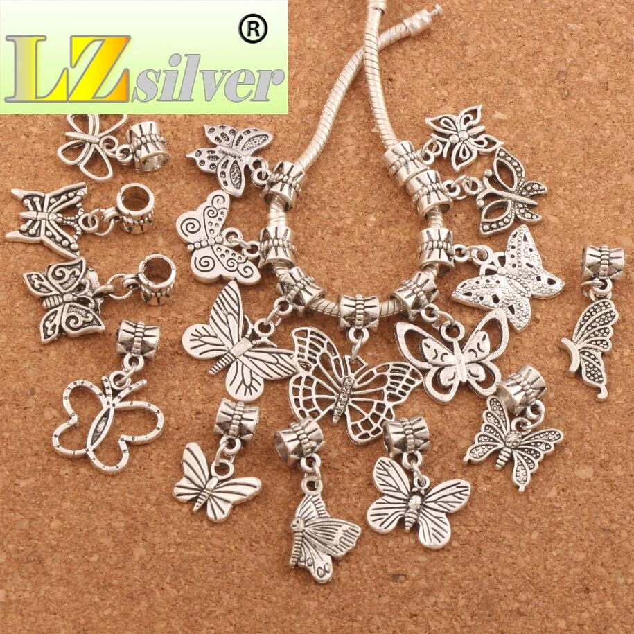 

mixed Butterfly Dangle Big Hole Beads 170PCS Zinc Alloy Fit Charm Bracelet Jewelry DIY Hot sell BM57