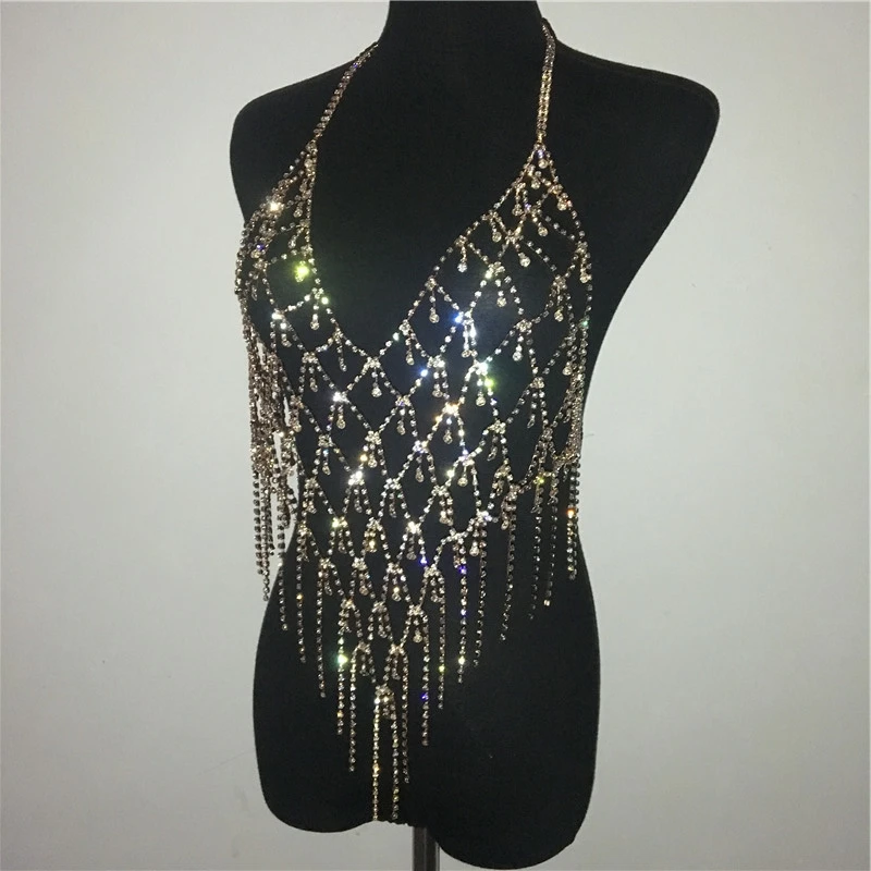 Bling Rhinestones Halter Crop Top Women Sexy Hollow Out Gold Link Chain Tassel Camis Rave Festival Tops Beach Party Clubwear