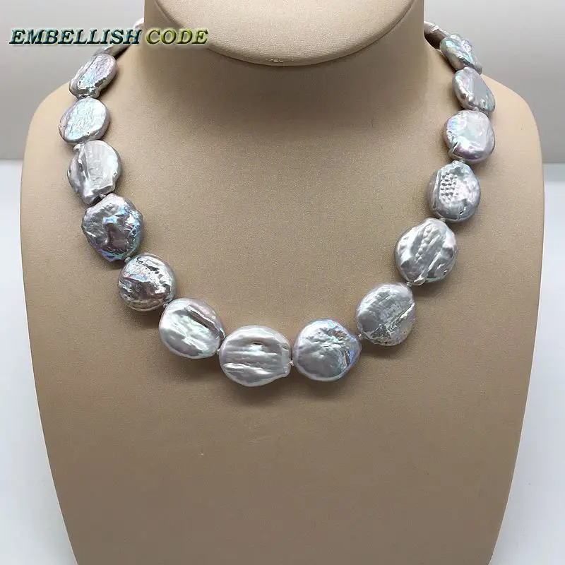 

18.5mm Pretty Baroque Choker Statement Necklace Gray Grey Color Round Coin Flat Shape Natural Freshwater Pearls For Lady