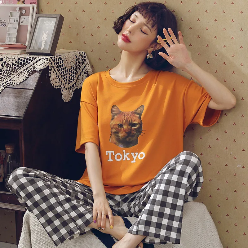 Женские пижамы штаны в клетку мультфильм Kawaii Фламинго Ночная рубашка женские