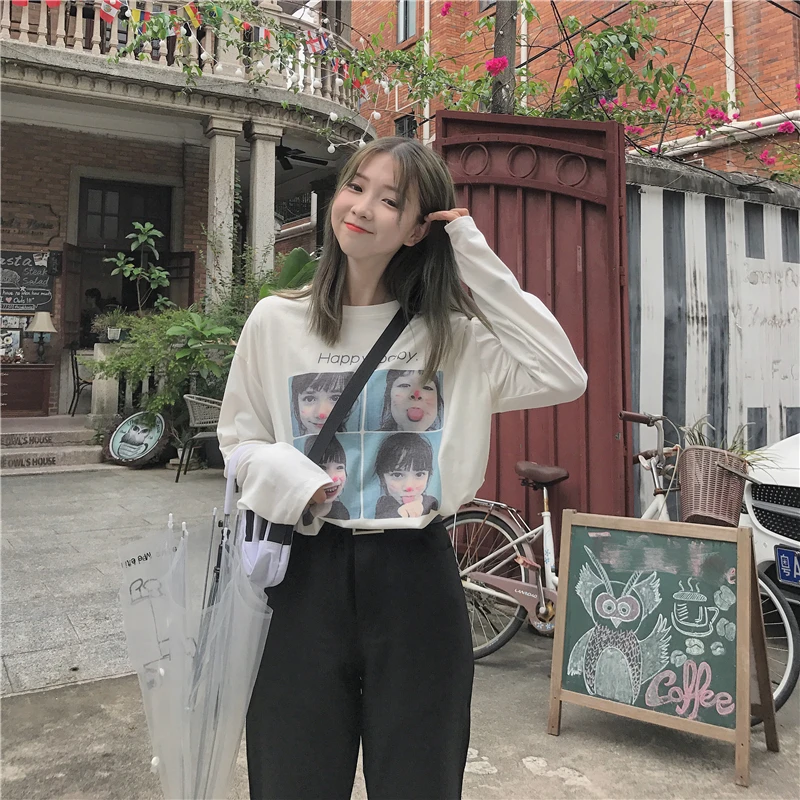 YouGeMan Harajuku модная футболка женская с длинным рукавом Топы Осень корейский Ulzzang уличная белая футболка Женская Повседневная футболка - Цвет: see chart