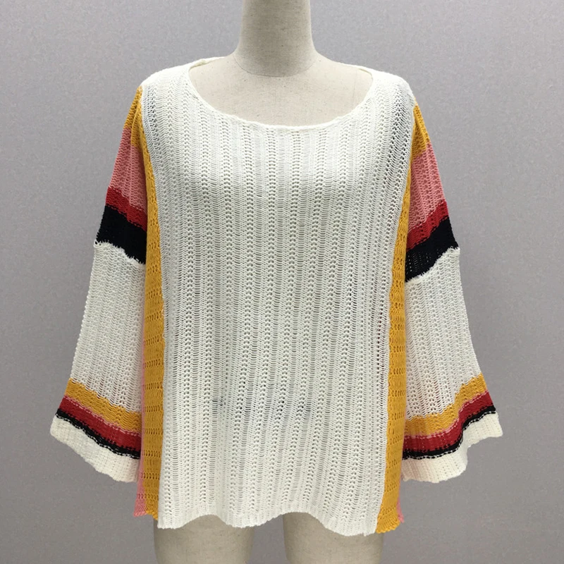 Newest Summer 2019 Rainbow Striped Sweaters Women Beach Cover Ups Autumn Fashion Oversized Loose Pullover Jumper Femme Knitwear | Женская