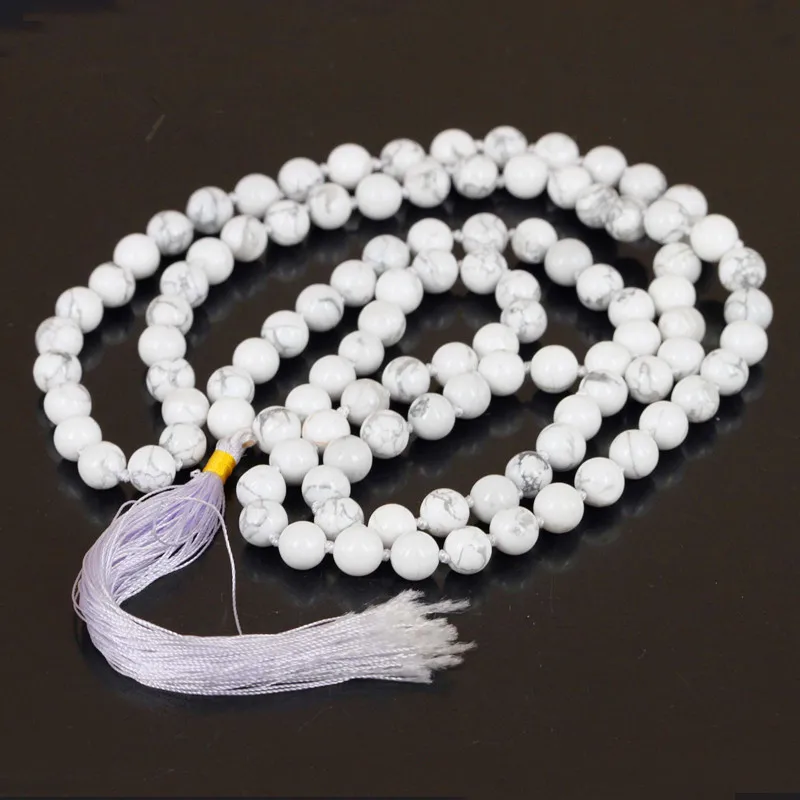 Эксклюзивный 108 Белый Howlite камень бусы ожерелье Длинная кисточка духовная Йога