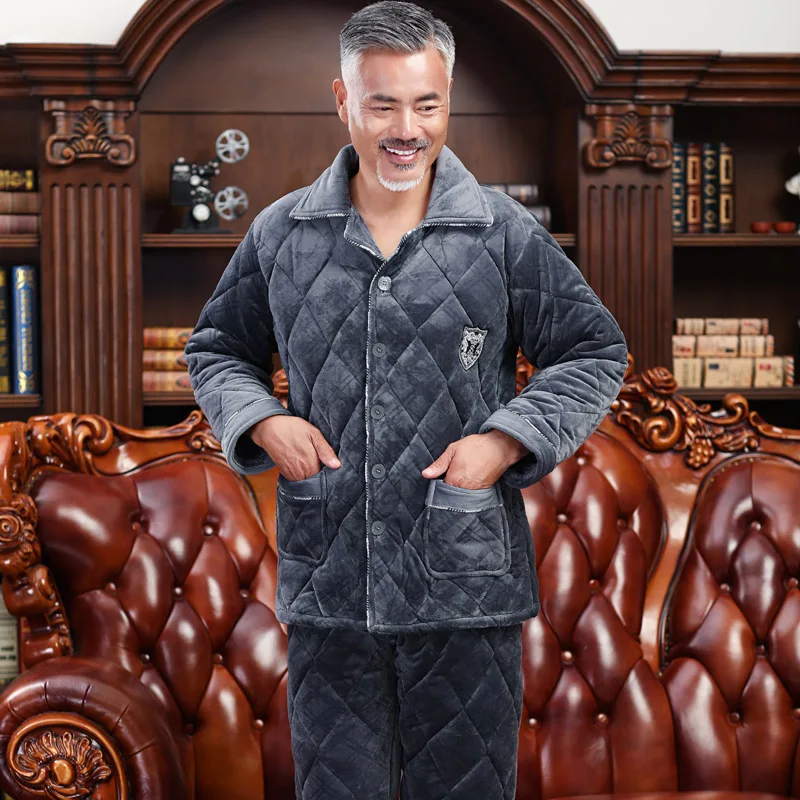 Мужской пижамный комплект, Пижамный костюм, зимняя трехслойная стеганая Толстая Коралловая Флисовая теплая одежда для сна, ночной костюм, Мужская одежда для сна, домашняя одежда