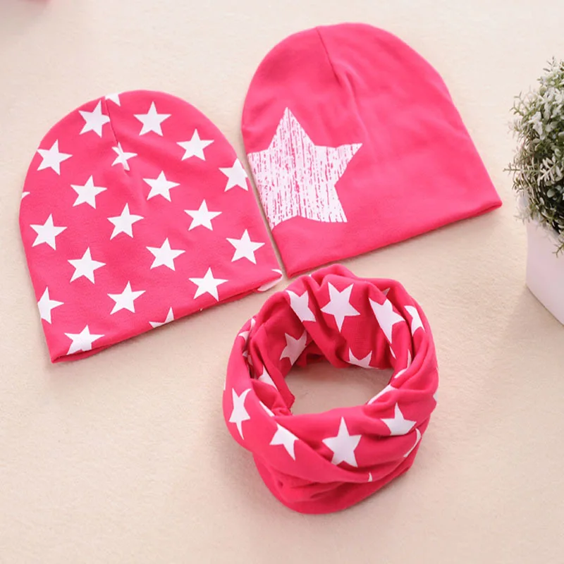 3 pcs rose red Демисезонный детская шапка шарф для девочек, для мальчиков с принтом звезды хлопок Кепки шрам O кольцевой ошейник теплая шапочка шарфы - Цвет: 3 pcs rose red
