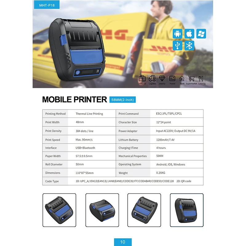 Термопринтер 58 мм Portabel мобильный мини-принтер Bluetooth производитель этикеток POS Android IOS MHT-P58F