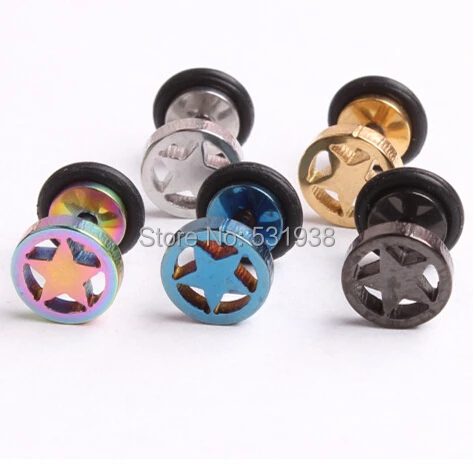 2pcs stainless steel fashion men's ear plug stud earrings fake plugs star logo surgical pircing body jewelry | Украшения и