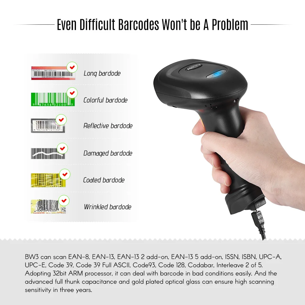 Aibecy BW3 беспроводной и USB проводной 1D сканер штрих-кода ручной считыватель 30 м/98фт