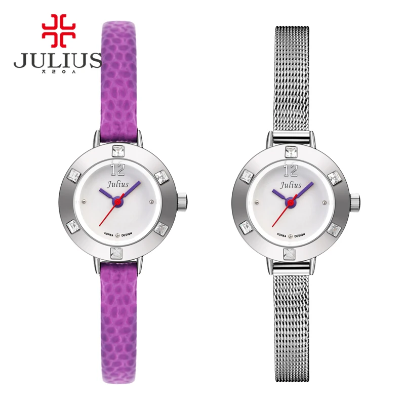 Женские кожаные часы JULIUS дизайнерские со стразами из серебристой стали и