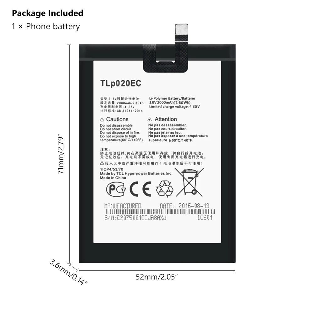Аккумулятор TLp020EC для Alcatel One Touch литий-полимерный Мобильный телефон всплывающее