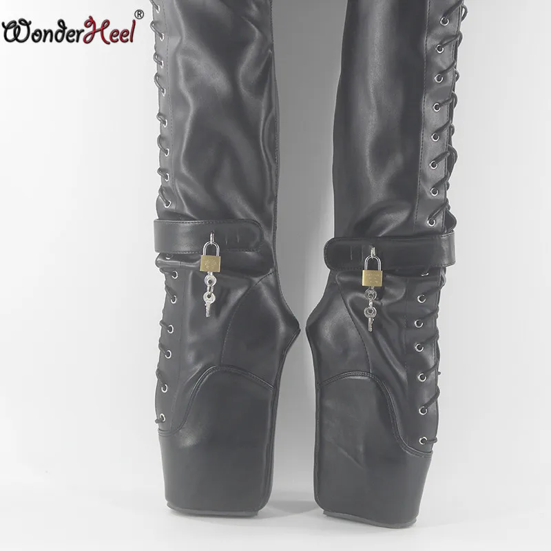 Wonderheel/балетные сапоги до бедра на очень высоком каблуке 7 дюймов; пикантные Черные Сапоги выше колена на высоком каблуке со шнуровкой и блестящими висячими замками