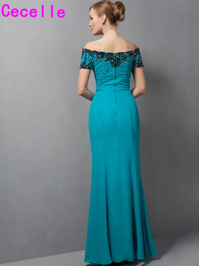 Teal Long Mermaid Floor Length Off Shoulder Chiffon Mother Of Bride Dresses With Short Sleeves Mother's Elegant Formal | Свадьбы и