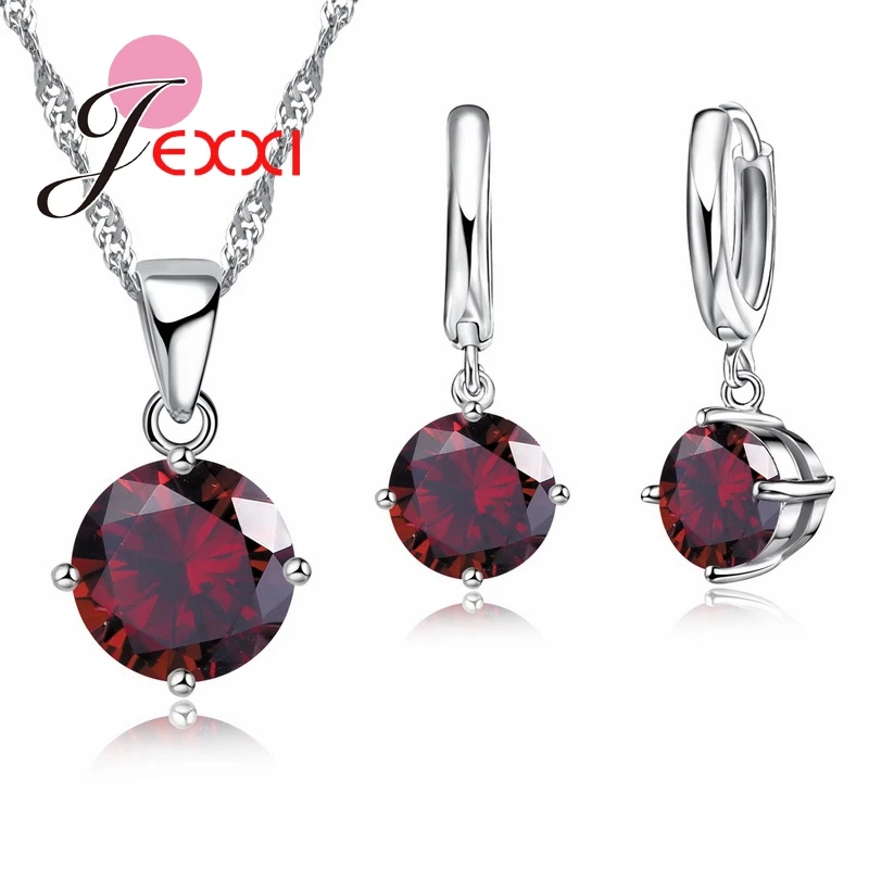 

Wholesale 8 Colors Pretty 925 Sterling Silver Women Bridal Jewelry Set Austrian Crystal Round CZ Pendant Necklace Earrings