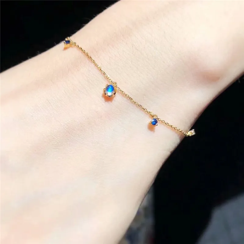 Aazuo 18 K желтый золотой натуральный лунный камень синий сапфир с настоящими бриллиантами браслет подарочный подарок на день Святого Валентина цепочка