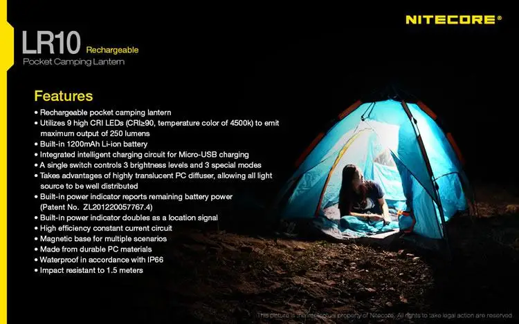 Распродажа Nitecore LR10 CRI светодиоды 250 люмен наружный Карманный USB Перезаряжаемый фонарь для кемпинга встроенный аккумулятор