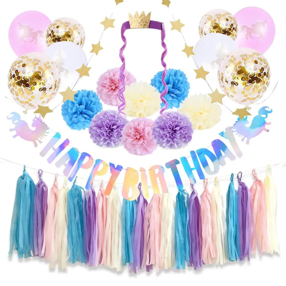 18 шт Принцесса День Рождения Декор Единорог рождения баннер кисточкой помпоны