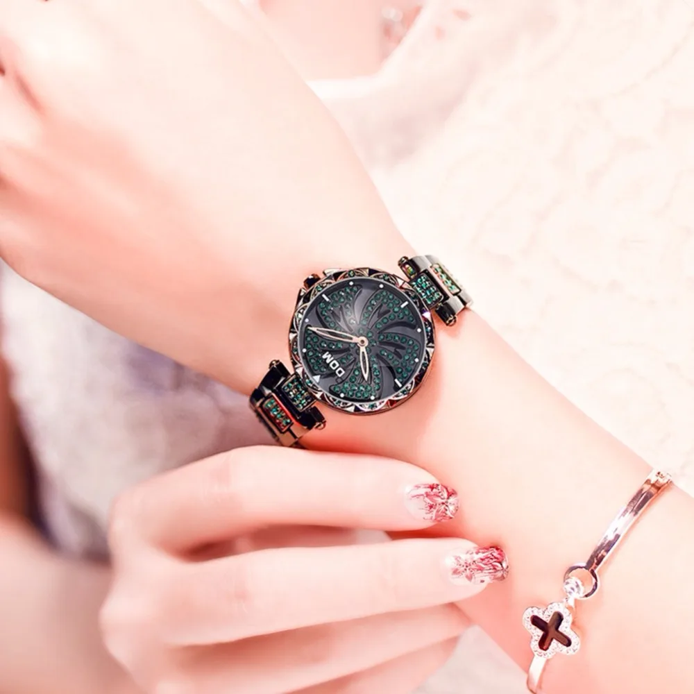 DOM Роскошные модные женские часы платье из нержавеющей стали сверкающие стразы