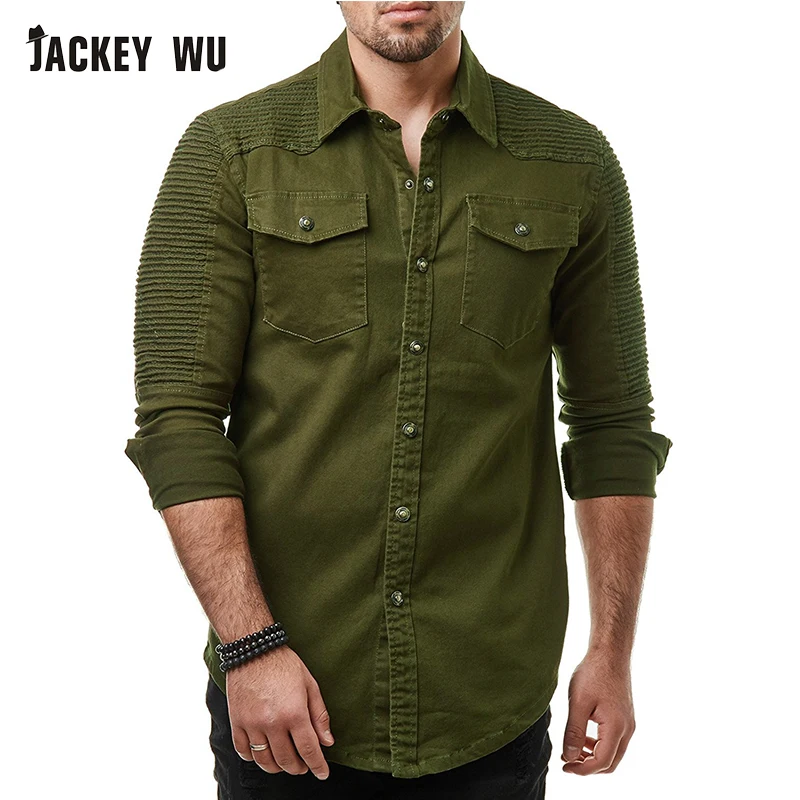 Бренд JACKEYWU джинсовая рубашка для мужчин мода 2019 плиссированные джинсовые