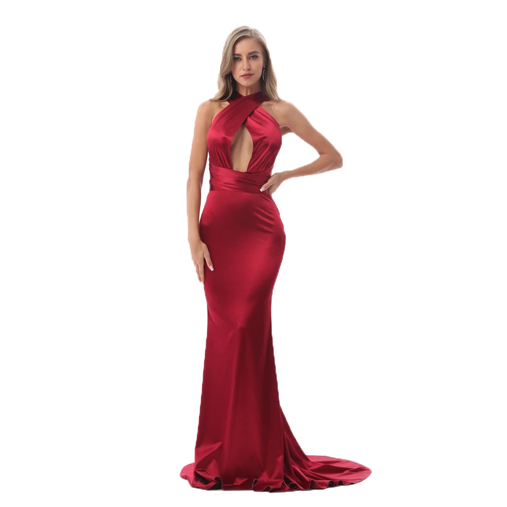 Сексуальная Холтер блестящий атлас Русалка Вечеринка платье Bodycon этаж Длина DIY ремни выдалбливают открыть Back Maxi Dress