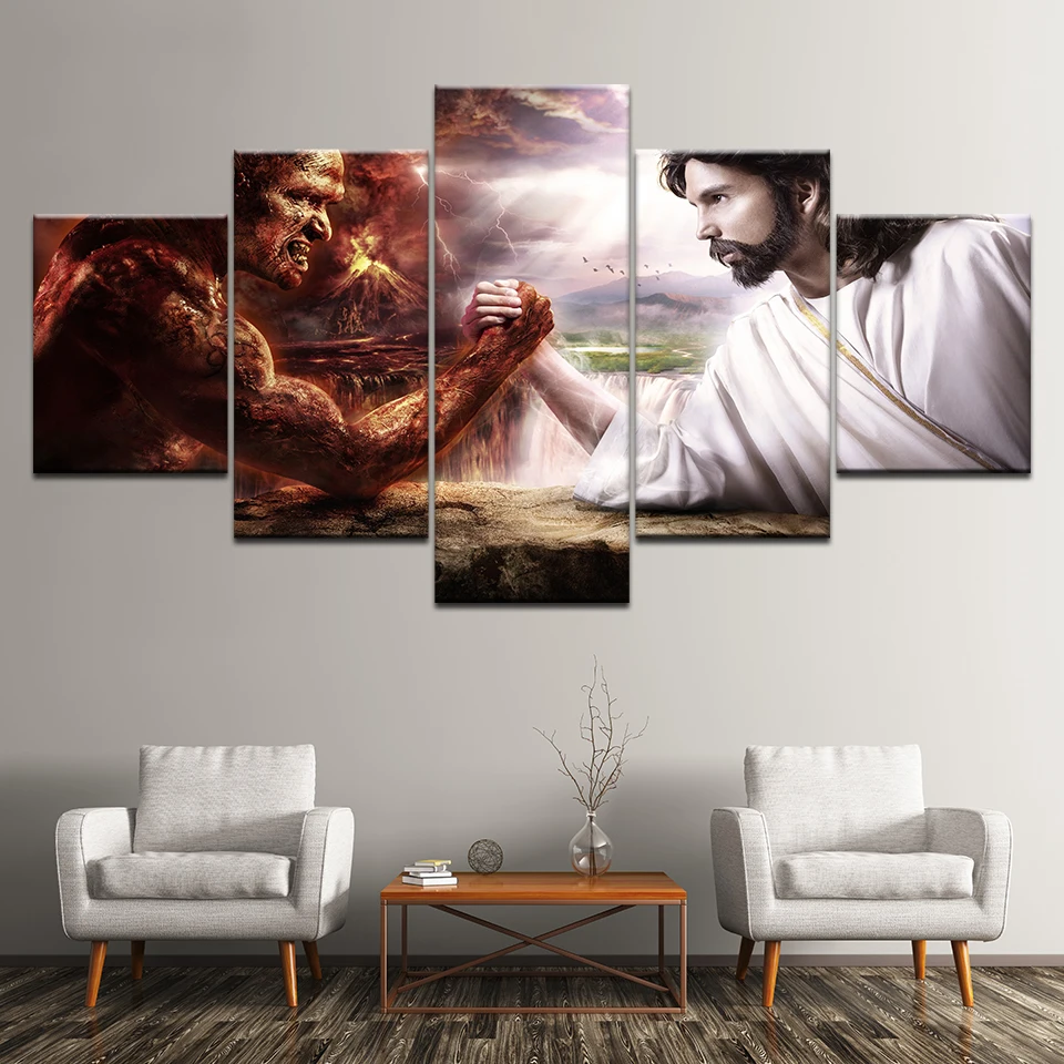 HD print 5 pcs canvas wall art jesus vs satan painting home decor for living room picture artwork | Дом и сад
