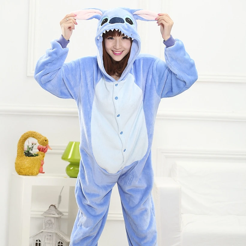 

Women Kigurumi Blue Stitch Pajamas Sets Flannel Hood Animal Pajamas kits Adult Winter Onesies Nightie Pyjamas Sleepwear Homewear