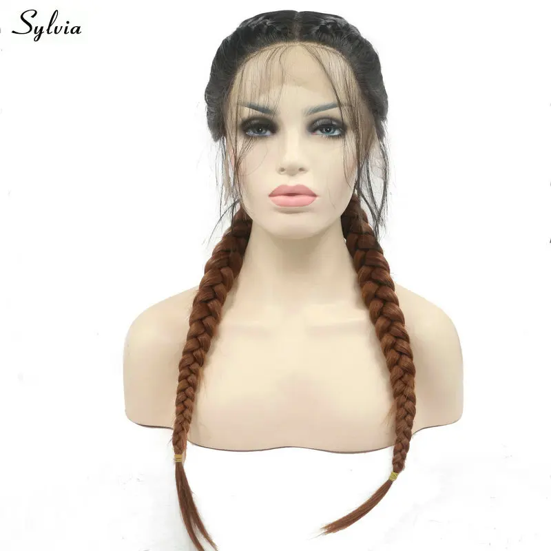 

Sylvia Dark Roots Ombre Brown Double Braids Synthetic Lace Front Wigs With Baby Hair Long Braided 2T Wig For Women Replacement