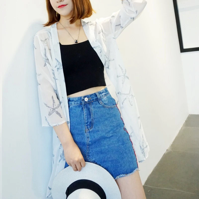 Модная женская рубашка с длинным рукавом Blusas куртка длинная свободная повседневная Sunblock укороченный шифоновый кардиган с принтом кимоно