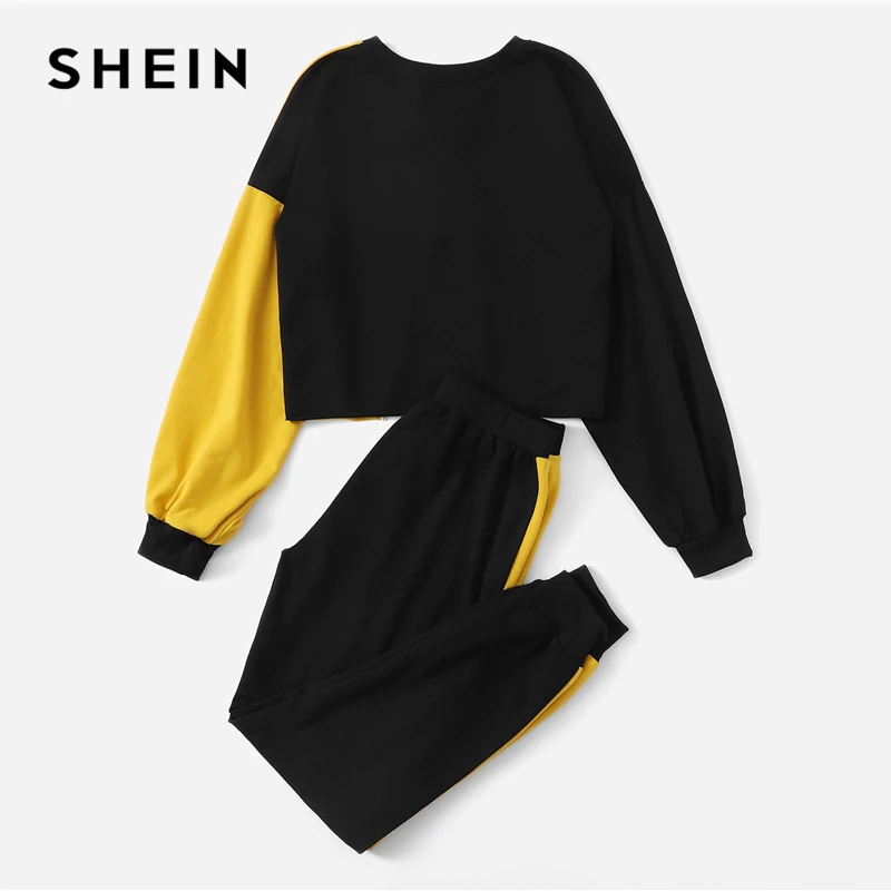 SHEIN многоцветный цветной пуловер и контрастные спортивные штаны с круглым вырезом комплект для женщин осенняя элегантная рабочая одежда Twopiece