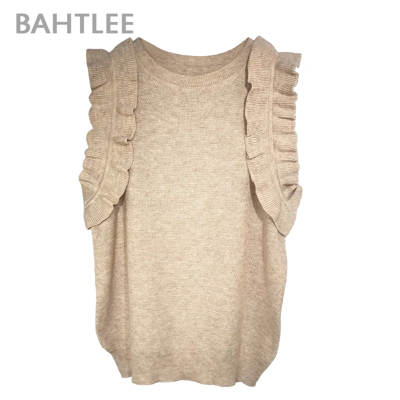BAHTLEE Summer Frilled Trim knitted Slim Fitted Tee Sleeveless T-shirt Women Elegant Solid O-neck sweater Tshirt ruffles