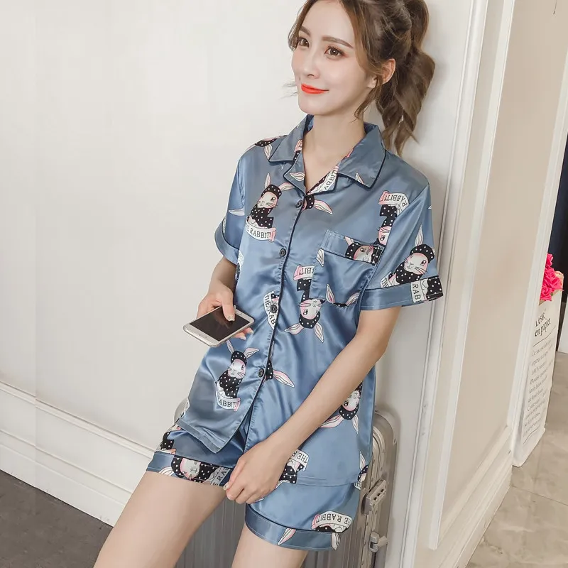 Blue Rabbit Модные летние женские пижамы размера плюс, коллекция года, одежда для сна с отложным воротником, комплект из 2 предметов, рубашка+ шорты, повседневные пижамные комплекты с рисунком - Цвет: Blue Rabbit