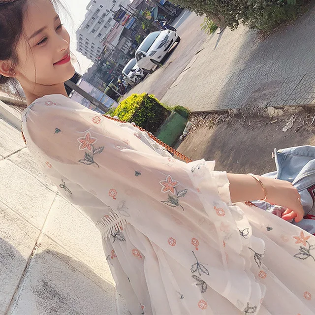 Шифоновое платье 2018 женские тонкие кружева лоскутное цветочной вышивкой с