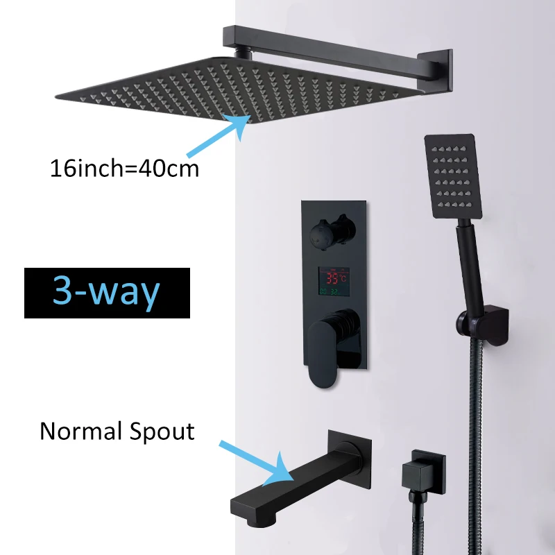 3-way 16inch normal Quyanre настенное крепление Ванная комната дождь водопад Смесители для душа набор скрытый Хромированная Душевая система смеситель для ванны и душа кран - Цвет: 3-way 16inch normal